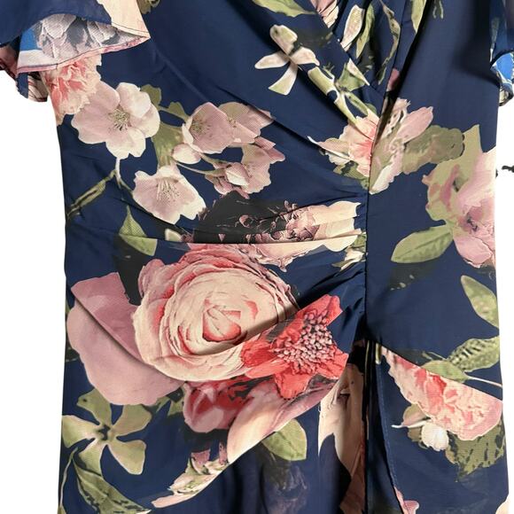 Xscape Surplice Tiered Navy Floral Print Chiffon Flutter Sleeve Evening Gown 4 - Picture 6 of 11